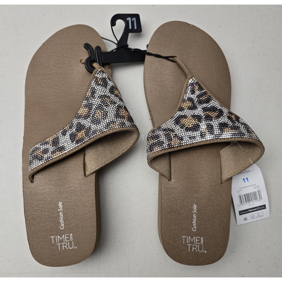 Time and Tru Women's Lifestyle Cushioned Sole Flip Flops Leopard Size 11 - Picture 1 of 5